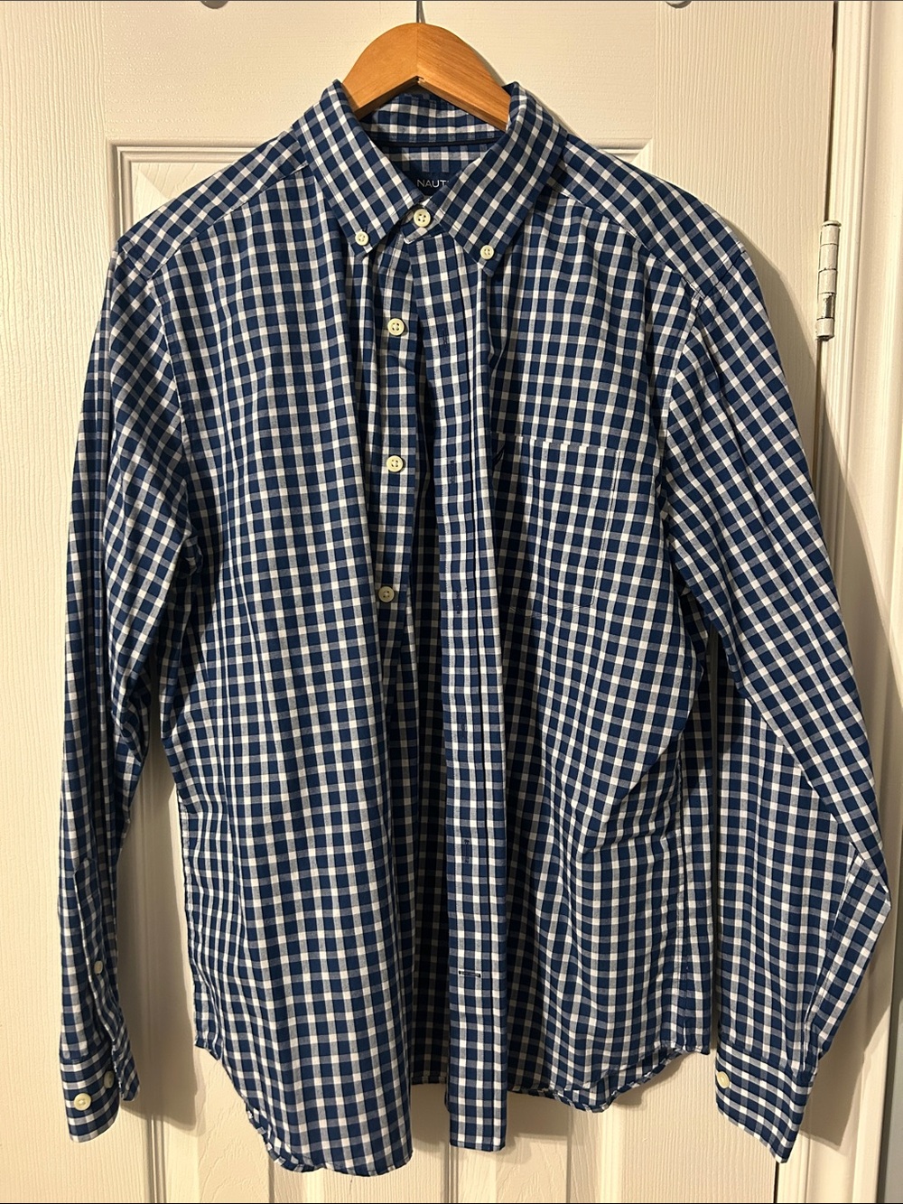 Nautica Navy and White Gingham Button-Down Shirt L